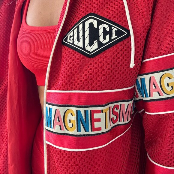 Gucci Red Mesh & Satin Magnetismo Stripe Trimmed Zip Front Hooded Jacket - Picture 7 of 14